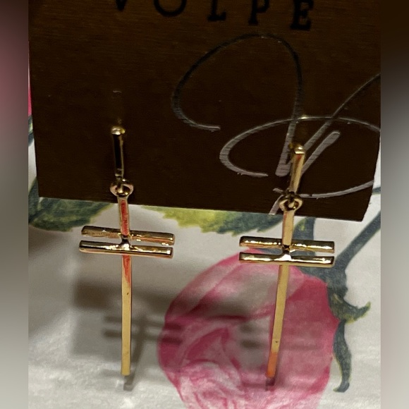 New La Volpe 2.5” Gold Tone Dangling Cross Shape Earrings - Picture 8 of 10